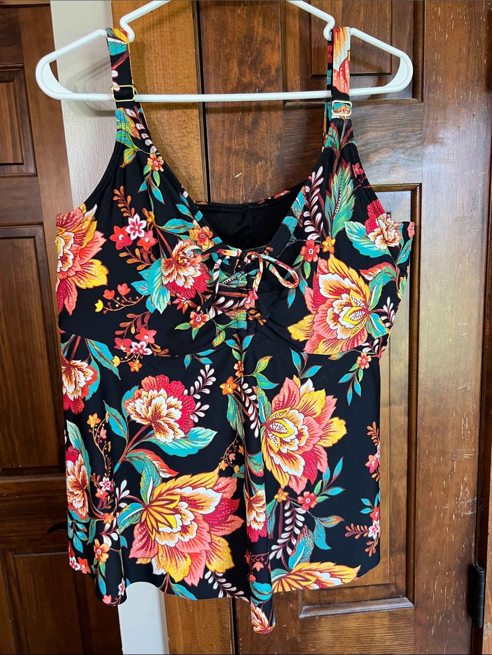 Floral Tie-Front Tank Top  swim top- Black/Multicolor